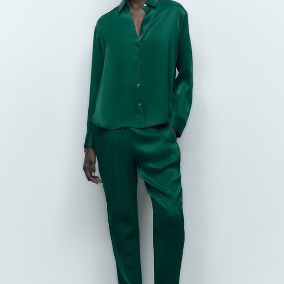 Zara Satin Effect Split Hem High Elastic Waist Trousers and Shirt - Black - Picture 2 of 7